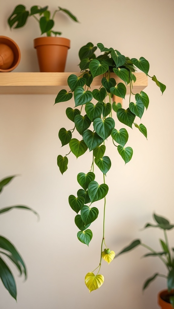 A Heartleaf Philodendron with cascading leaves on a shelf, alongside terracotta pots.