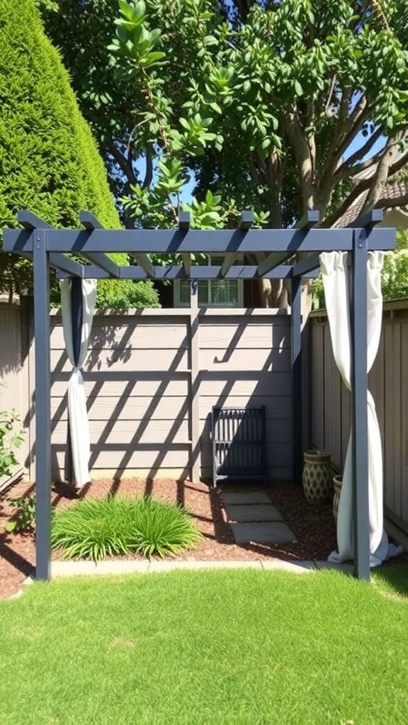 A portable pergola in a backyard with curtains and greenery.