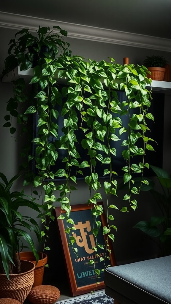 A lush Pothos plant cascading down from a shelf, showcasing its heart-shaped leaves in a low light indoor setting.