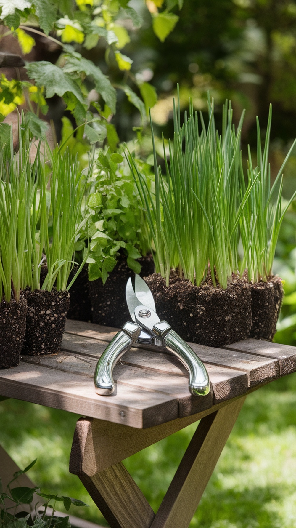 A pair of shiny pruning shears on a wooden table with green plants in pots.