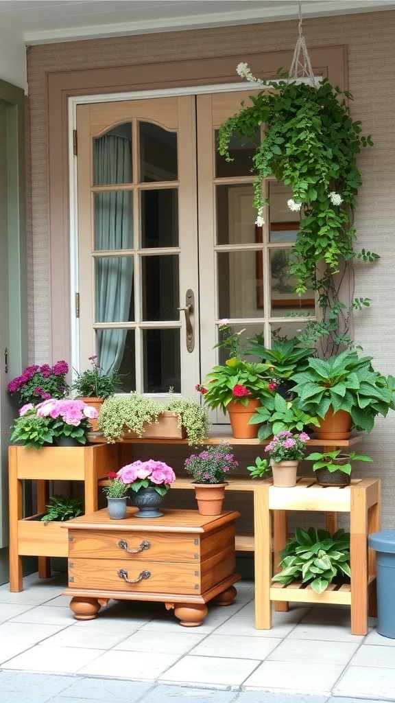 A cozy balcony garden featuring repurposed wooden furniture as planters, displaying colorful flowers and lush greenery.