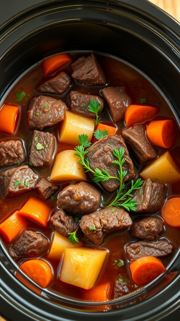 A delicious beef stew with root vegetables in a crockpot.