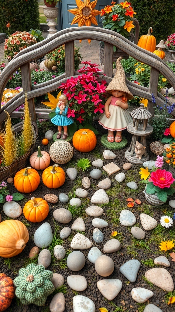 A colorful fairy garden with pumpkins, flowers, and fairy figures, showcasing seasonal decor.