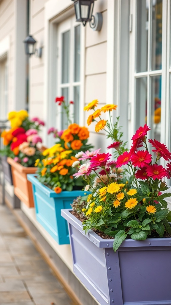 Colorful seasonal flowers in planter boxes on a balcony