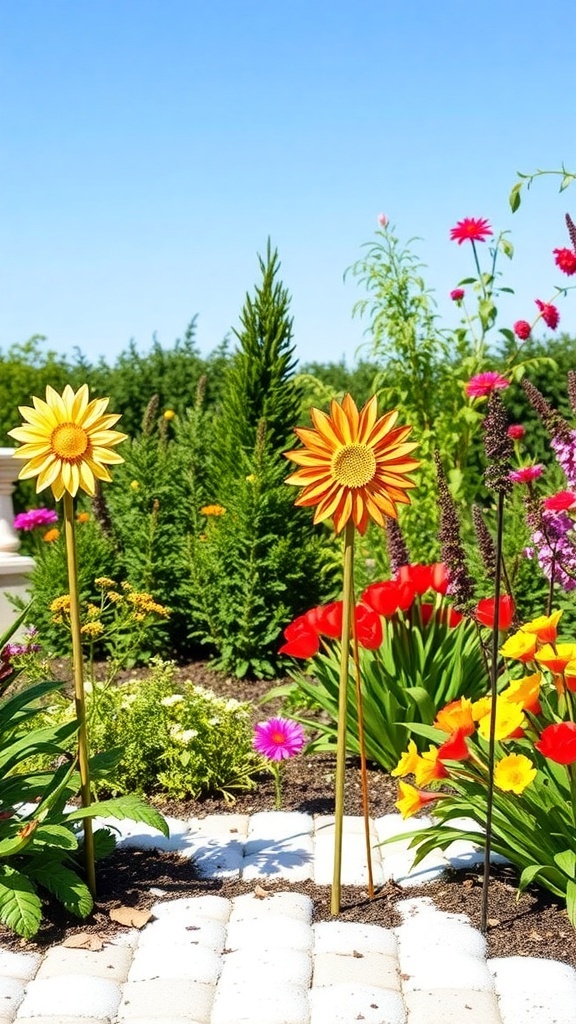 Colorful garden stakes in a flower garden