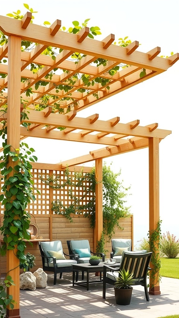 A beautiful lattice pergola with climbing plants, providing shade and a cozy seating area.