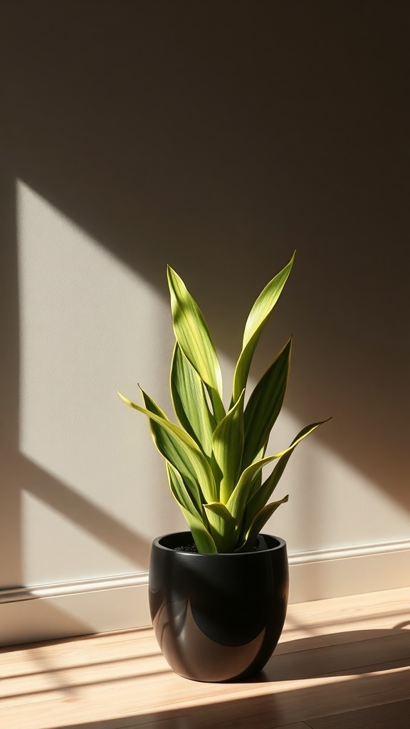 A snake plant in a black pot, illuminated by soft light, showcasing its tall green and yellow striped leaves.