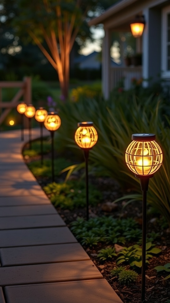 Solar-powered decorative garden stakes illuminating a pathway