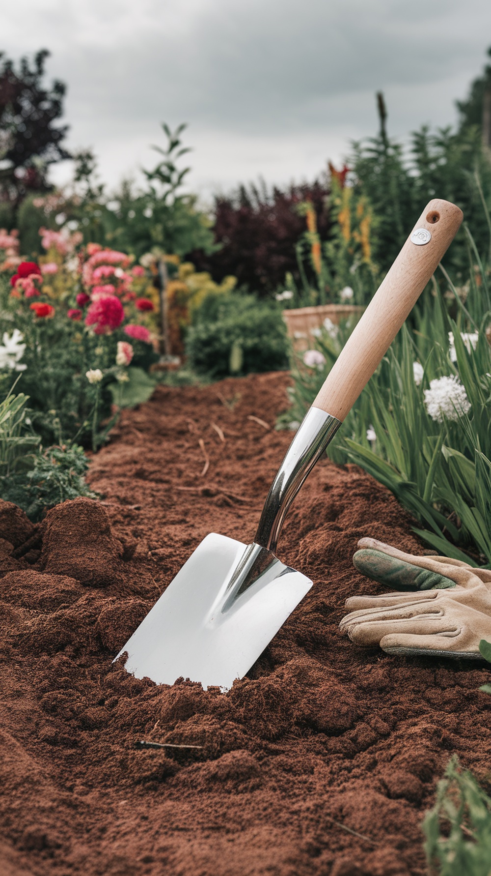 A shiny spade resting in freshly turned soil surrounded by colorful flowers.