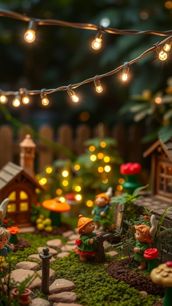 A fairy garden with twinkling lights, colorful figurines, and vibrant plants.