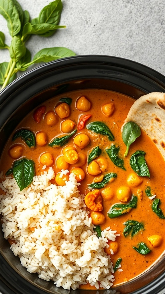 A bowl of spicy chickpea and spinach curry with rice and a piece of flatbread.