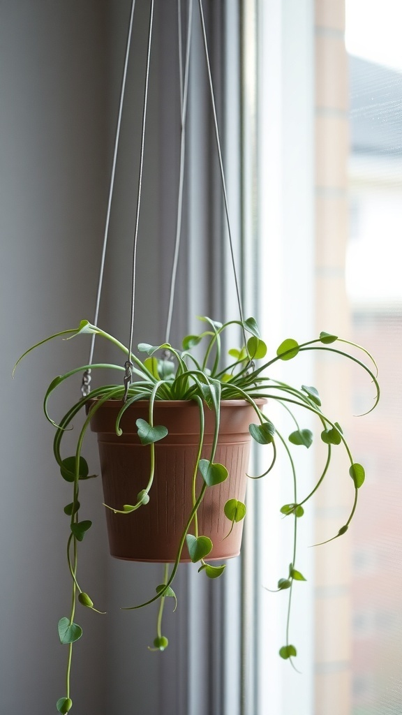 A spider plant hanging in a pot by a window, with long, green leaves cascading down.