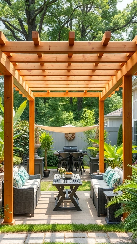 Stylish wooden pergola with seating and greenery in a backyard
