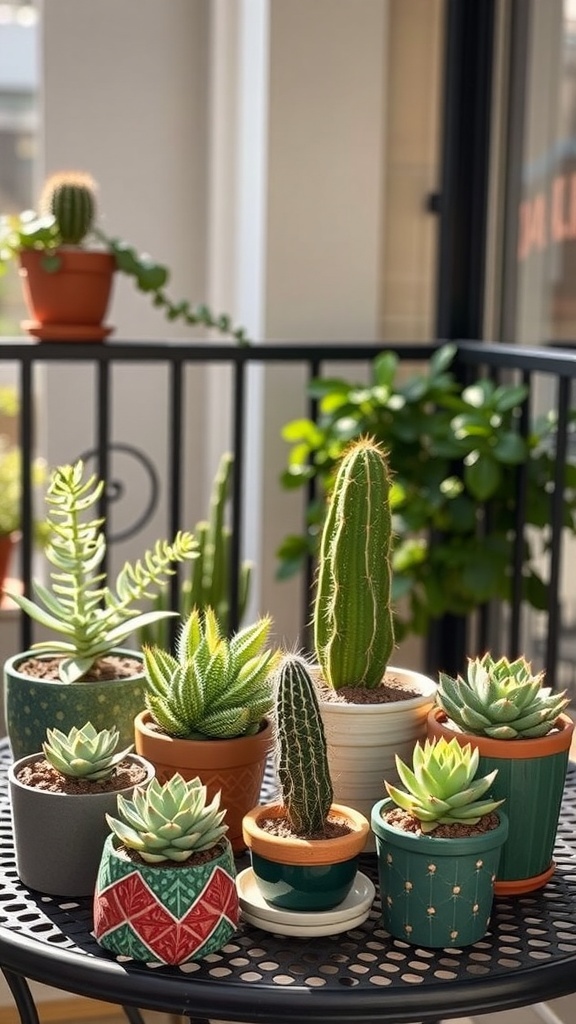 A collection of succulents and cacti arranged in colorful pots on a balcony table.