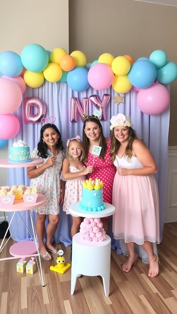 A colorful baby shower photo booth setup with playful props and a cheerful backdrop.
