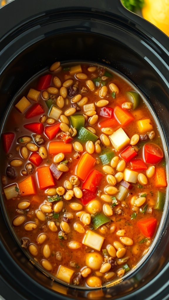 A close-up view of vegetable lentil soup in a crockpot, featuring colorful vegetables and lentils.