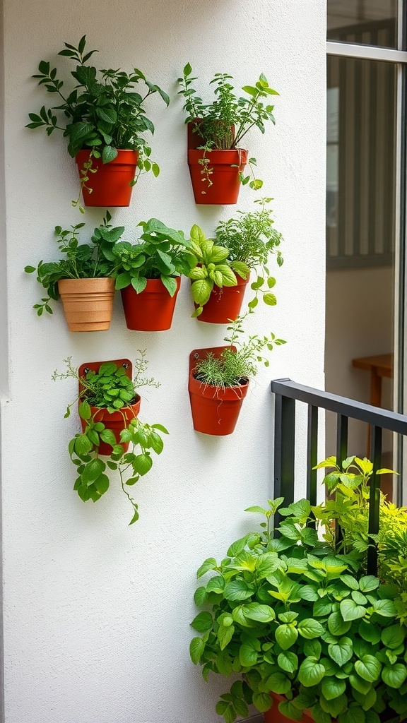 Vertical herb garden with terracotta wall planters filled with various herbs