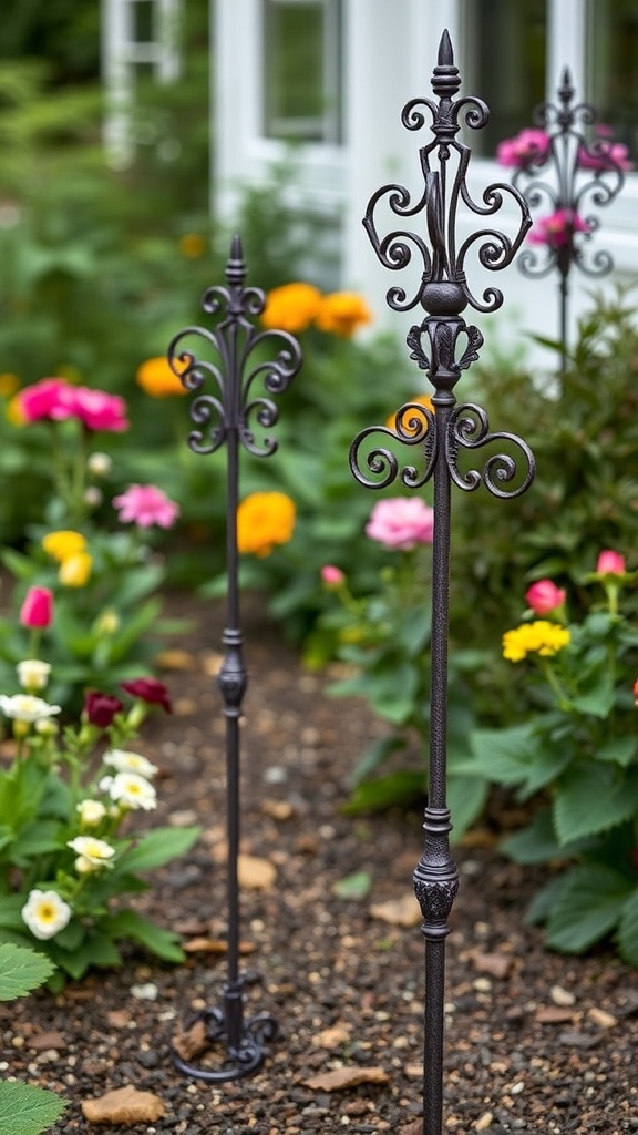 Two vintage style decorative garden stakes in a colorful flower garden.