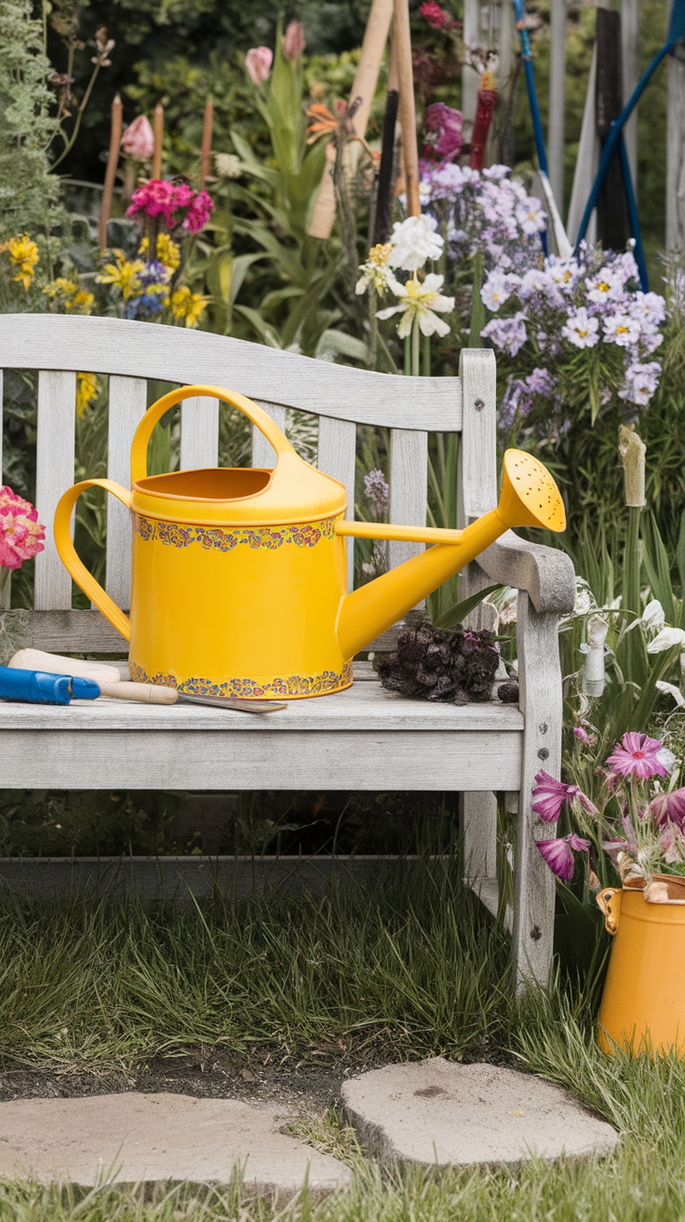 A bright yellow watering can with floral designs sitting on a wooden bench in a colorful garden.