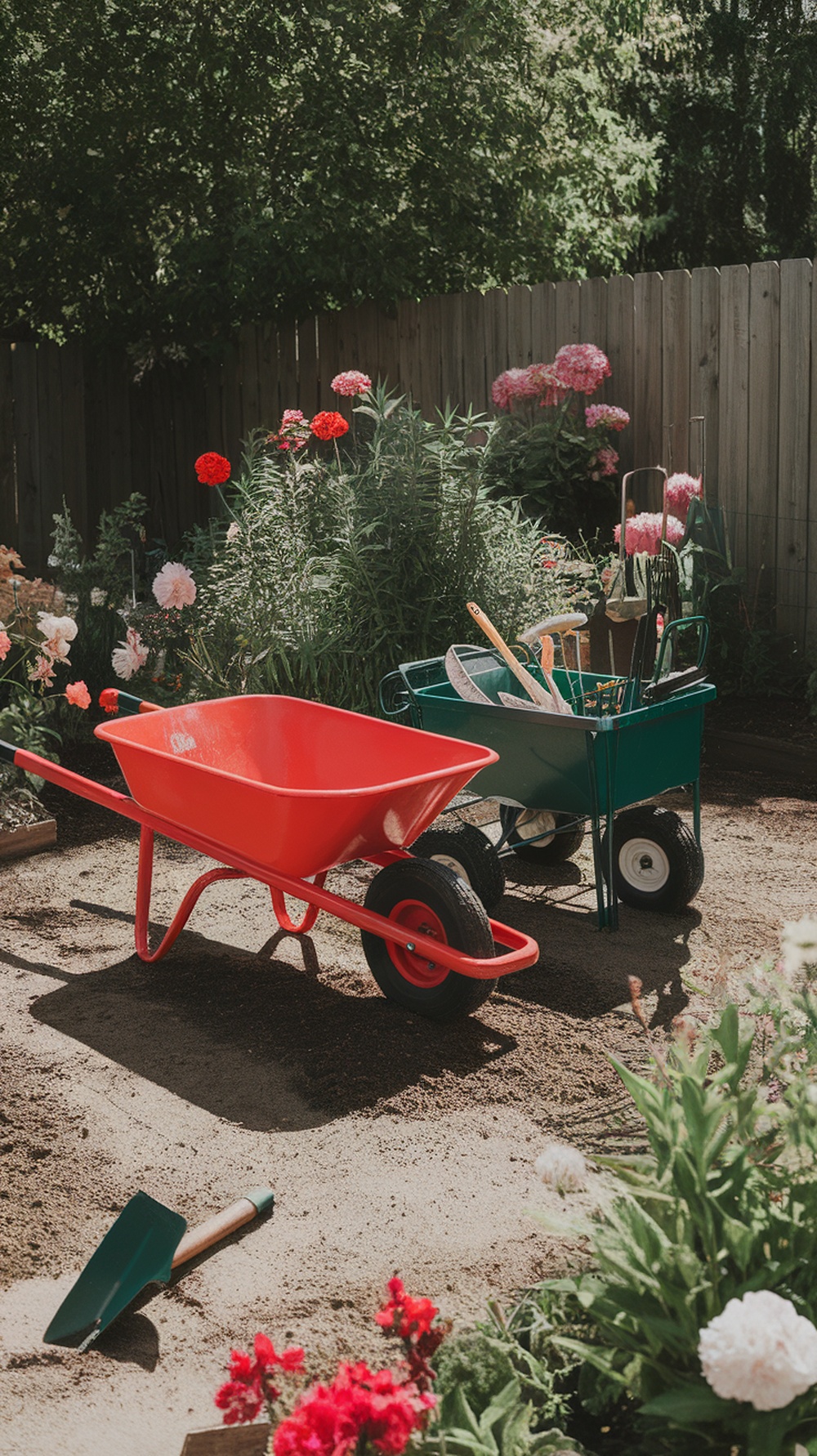 A red wheelbarrow and a green garden cart in a garden filled with flowers.