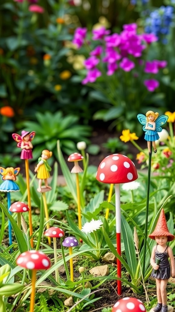 Colorful fairy garden stakes and mushrooms in a vibrant garden.