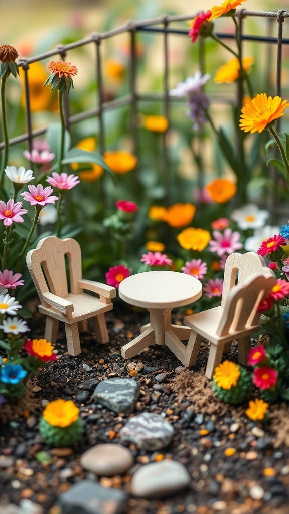 Miniature wooden furniture set in a colorful fairy garden with flowers