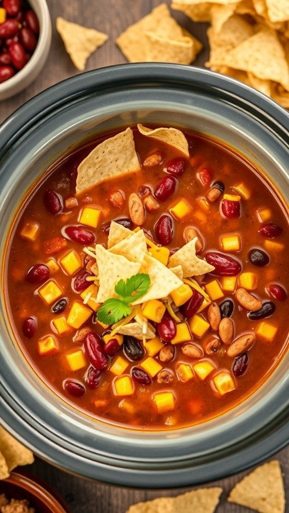 A bowl of zesty taco soup topped with tortilla chips and cheese.