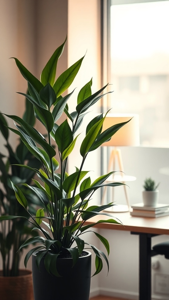 A healthy ZZ plant with glossy leaves in an indoor setting, next to a workspace.