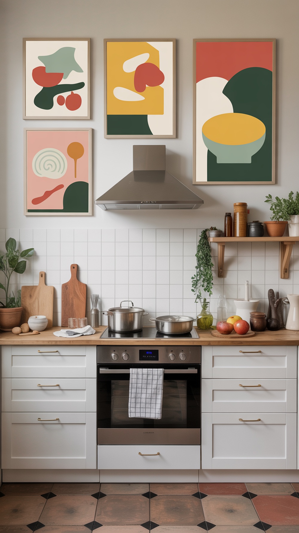 A modern kitchen with abstract culinary art on the walls, featuring colorful shapes and designs.