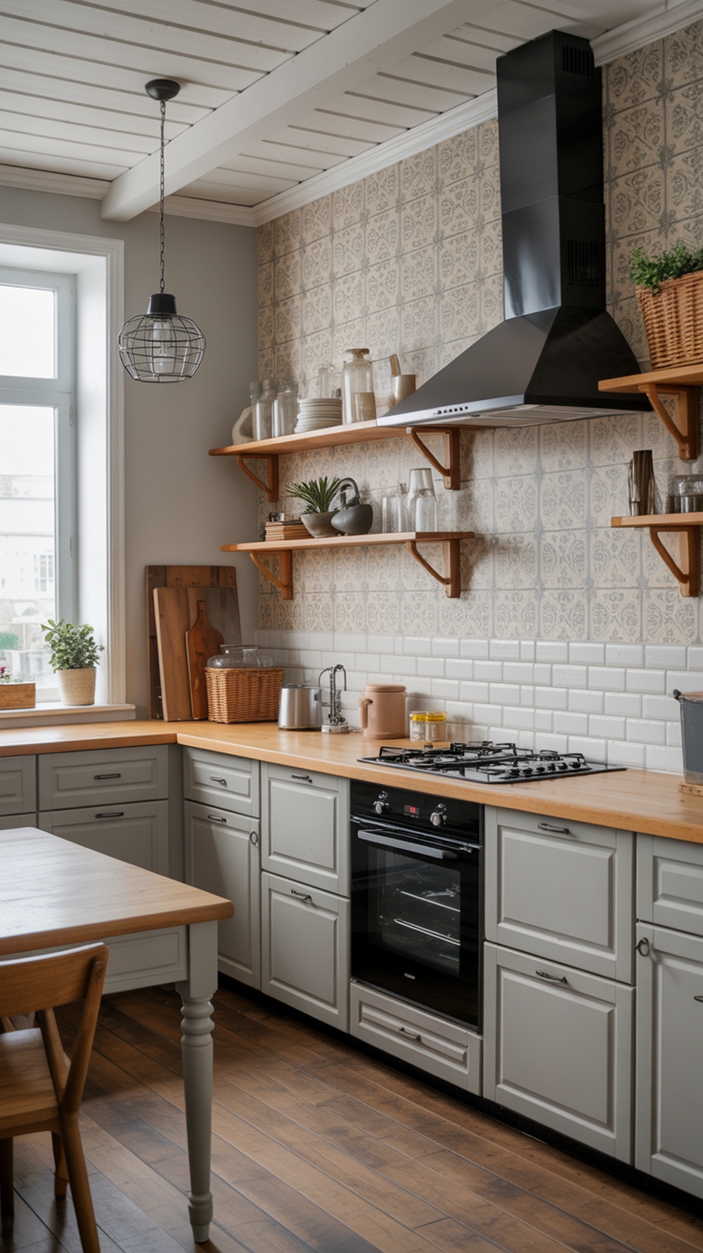 A modern farmhouse kitchen with an accent wall featuring bold wallpaper, wooden shelves, and a cozy atmosphere.