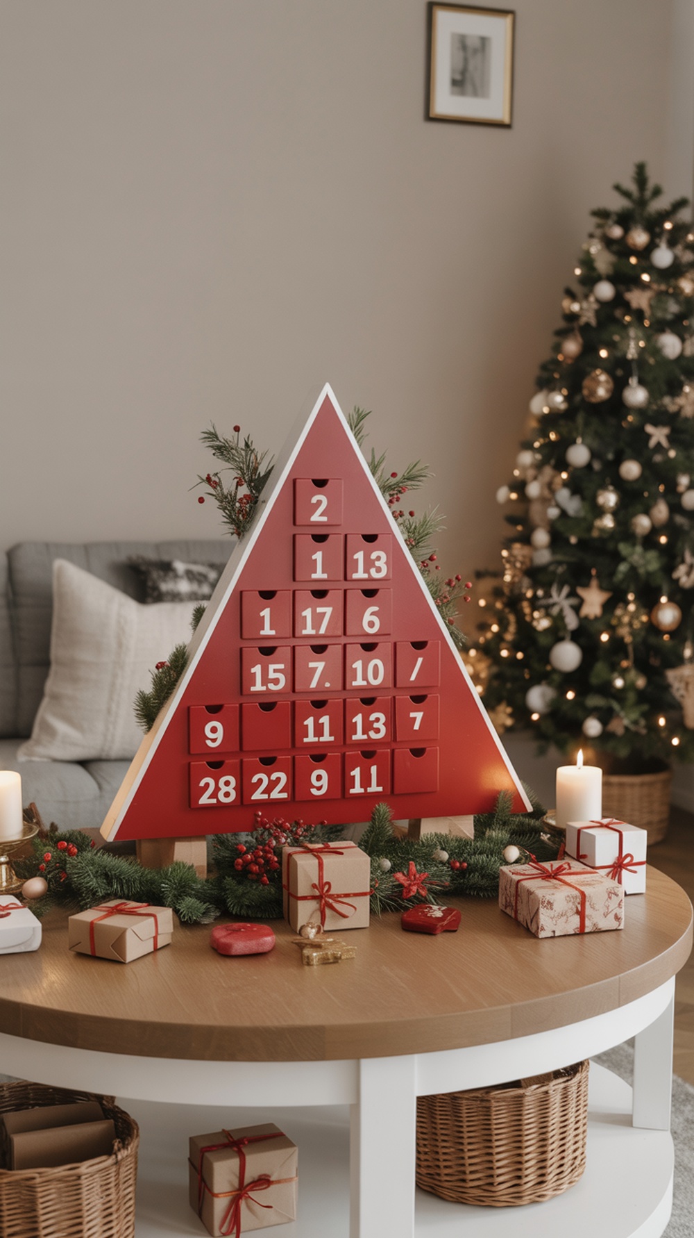 A festive Advent calendar centerpiece on a coffee table, surrounded by wrapped gifts and greenery.