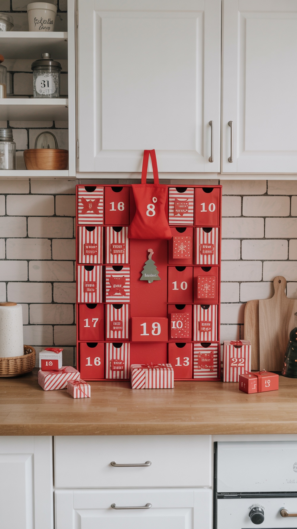 A red and white striped advent calendar with numbered boxes, set in a cozy kitchen.