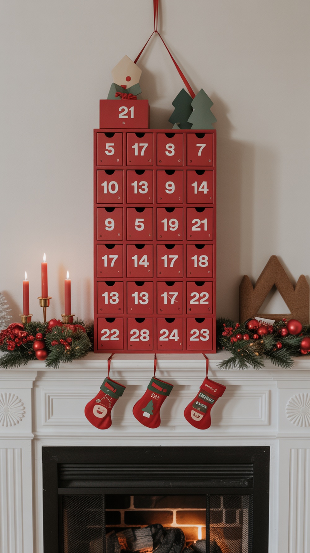 A red advent calendar with numbered drawers displayed on a festive mantel, surrounded by candles and stockings.