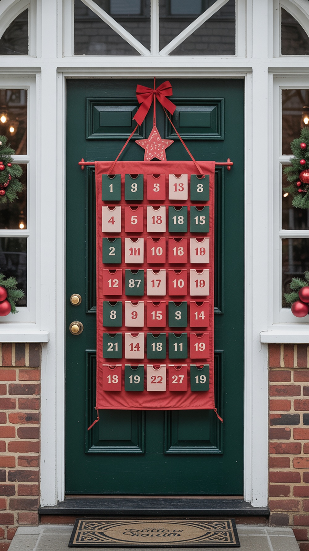 A red and green advent calendar hanging on a green door, featuring numbered pockets for treats.