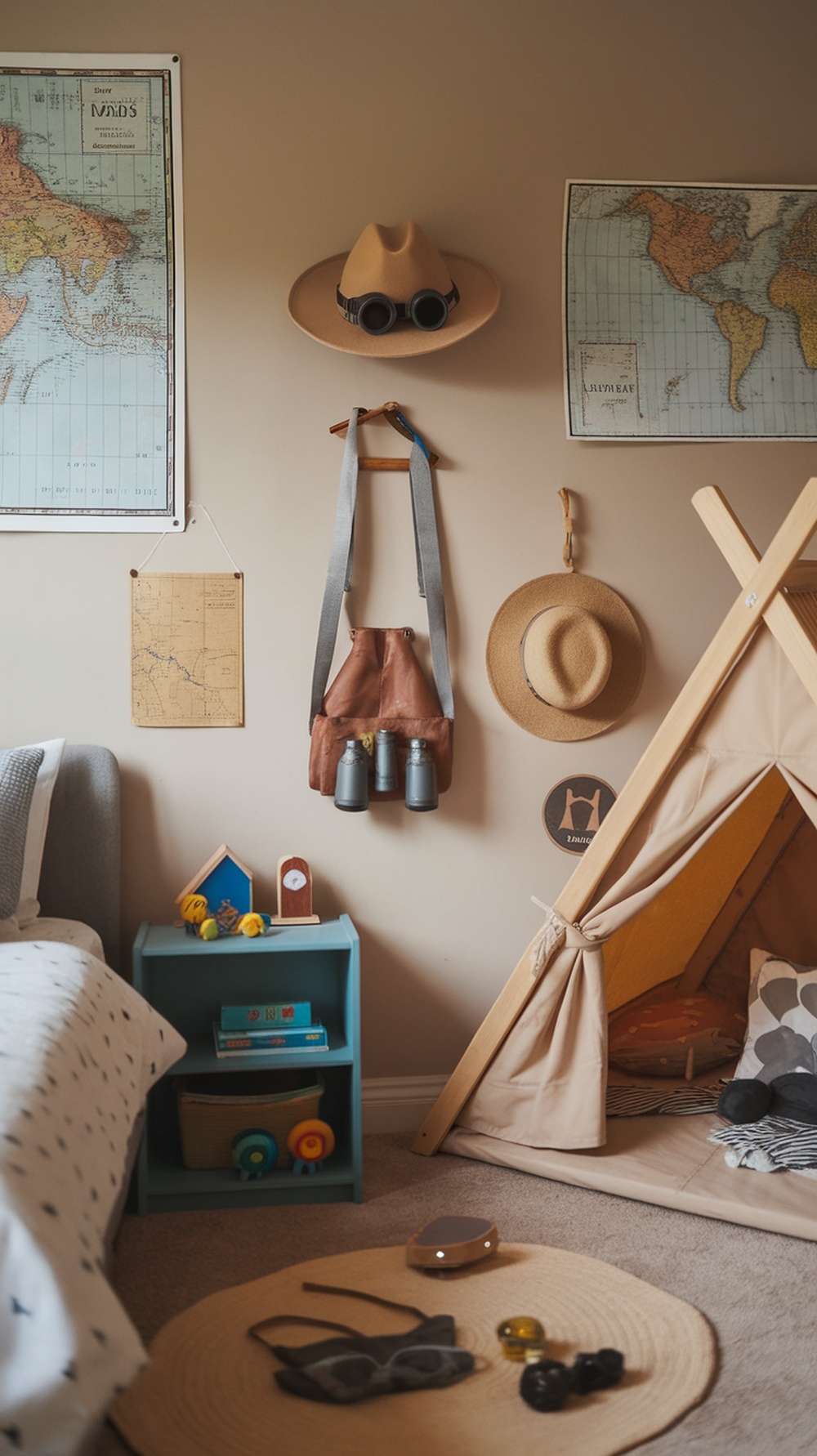 A cozy kids' bedroom featuring maps on the walls, a teepee, and adventure-themed decor.