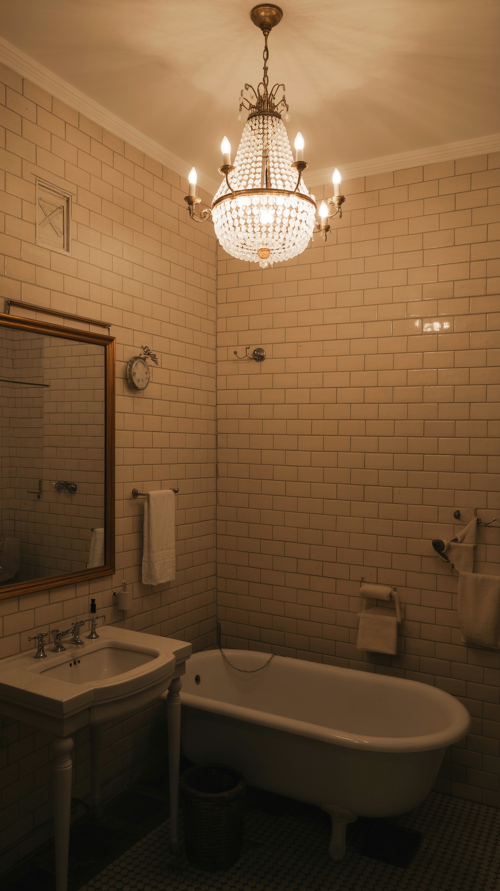A vintage bathroom featuring a chandelier and classic fixtures.