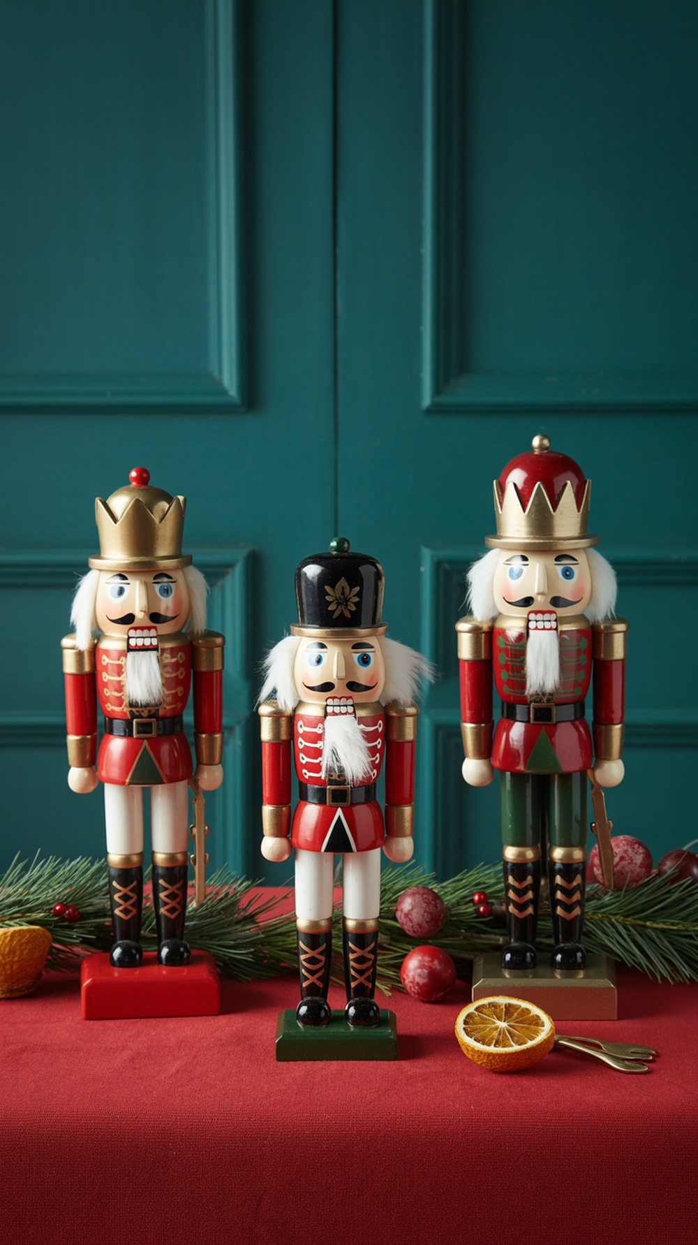 A collection of three antique nutcracker figures on a red tablecloth with holiday decorations.