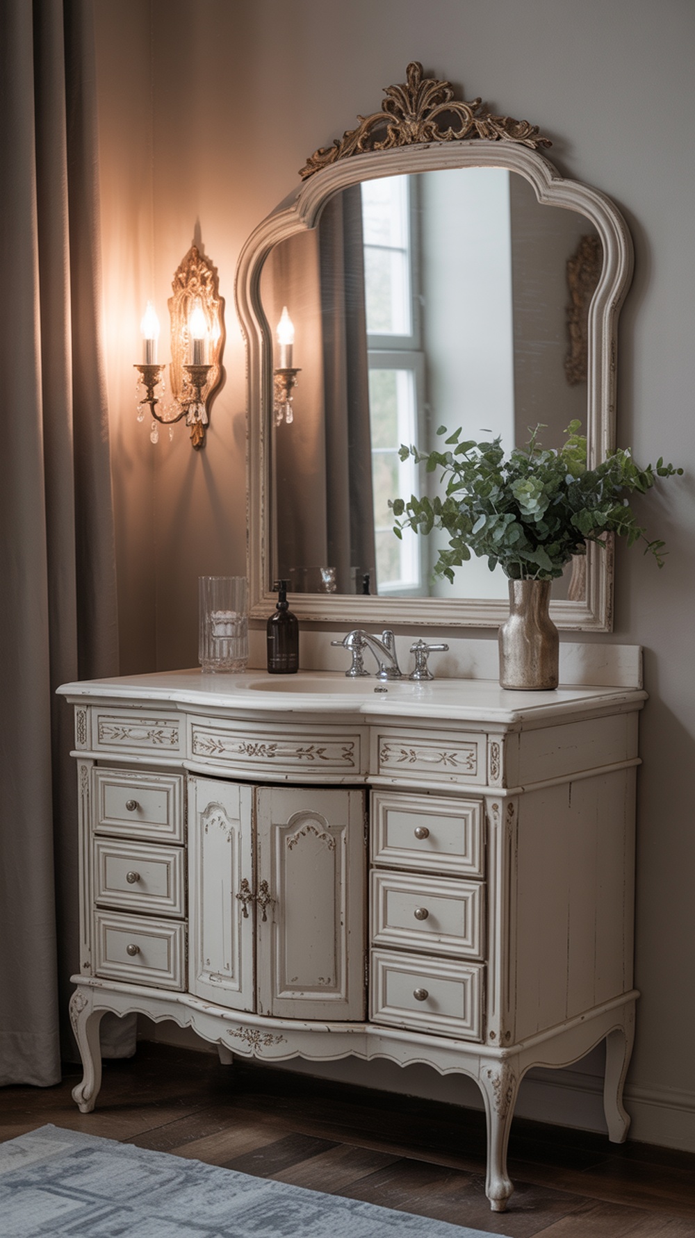 Antique vanity with vintage mirror, featuring intricate details and a vase of greenery.