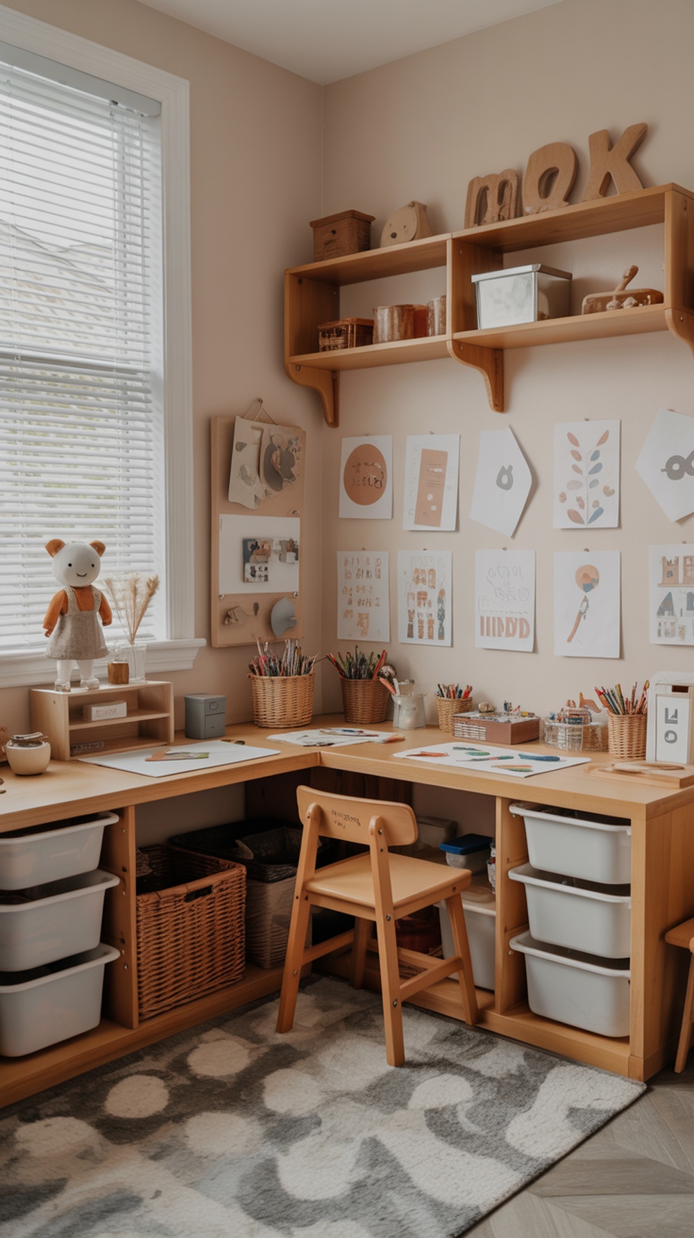 A cozy kids' art and craft corner with a wooden table, colorful supplies, and displayed artwork.