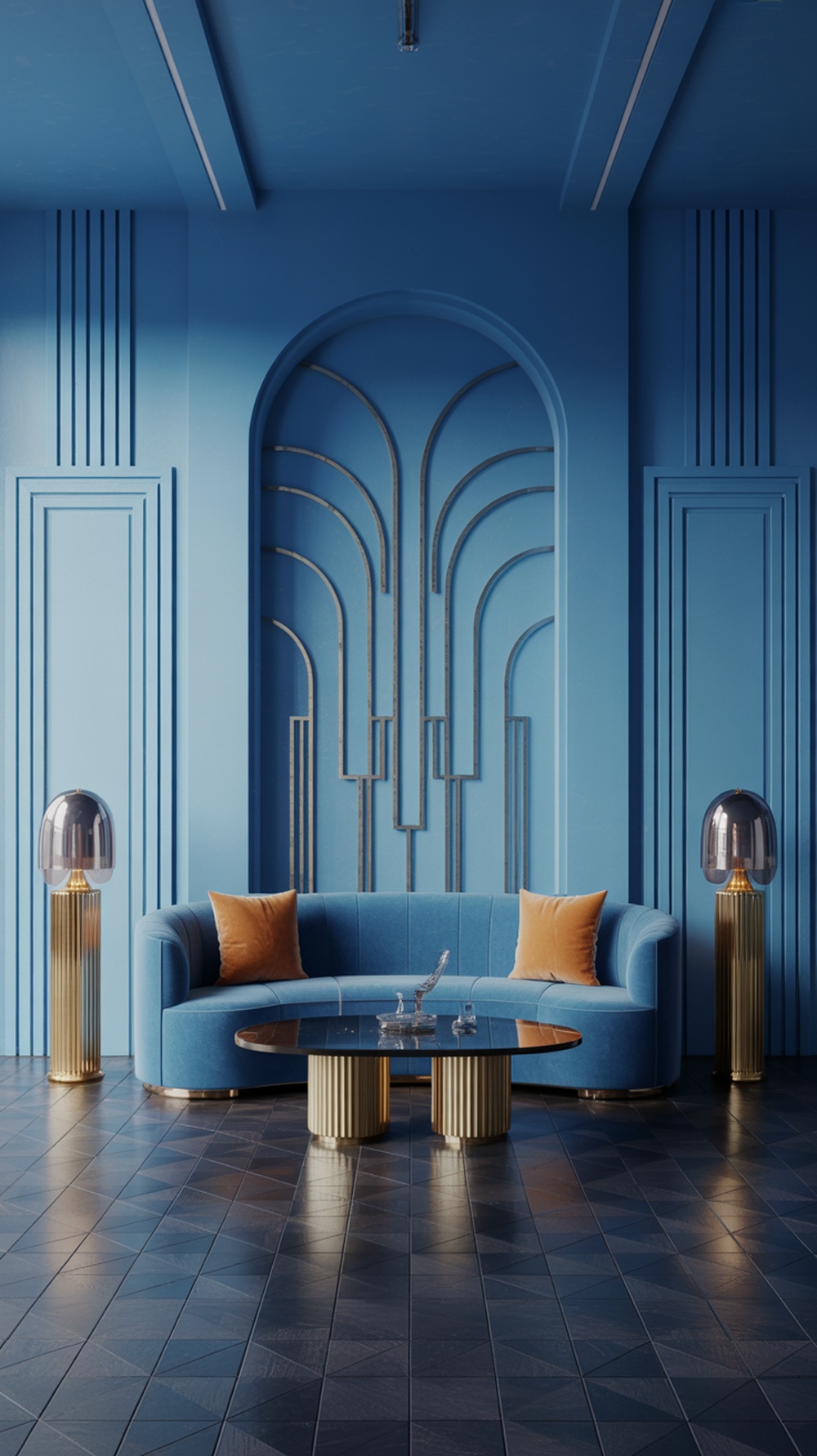 A stylish blue living room featuring an Art Deco design with a curved blue sofa, orange cushions, geometric wall patterns, and elegant lighting.