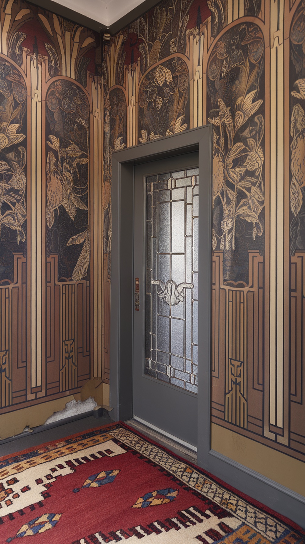 Art Deco inspired entryway with intricate wallpaper and a decorative rug.