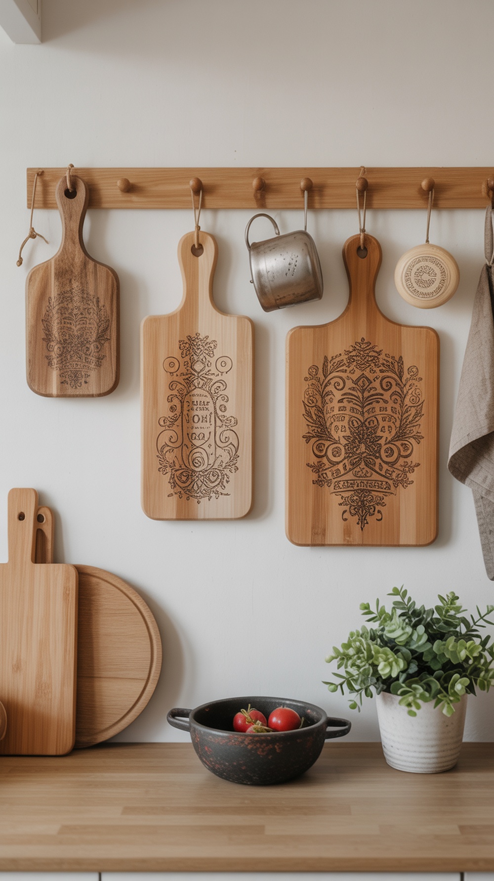 A collection of artfully designed wooden cutting boards hanging on a wall, accompanied by a vintage pot and a potted plant.