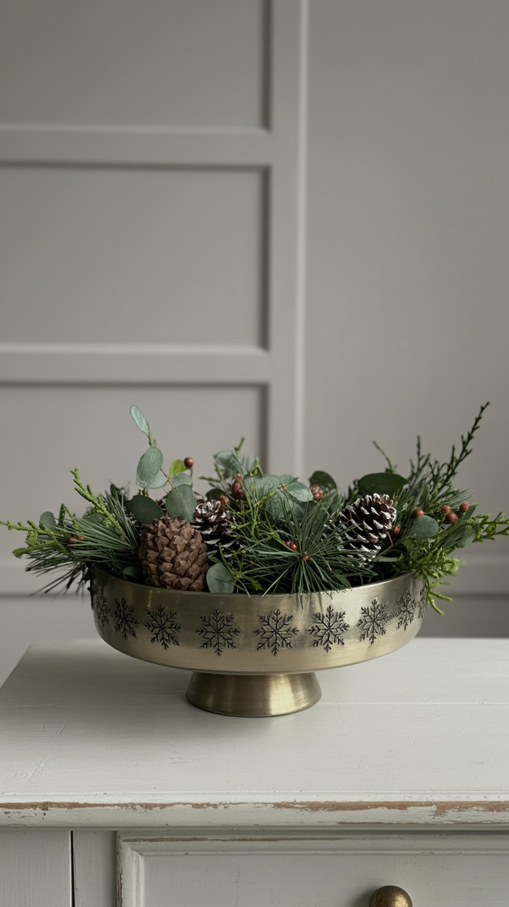 A decorative bowl filled with seasonal greens, pinecones, and eucalyptus, featuring snowflake designs.