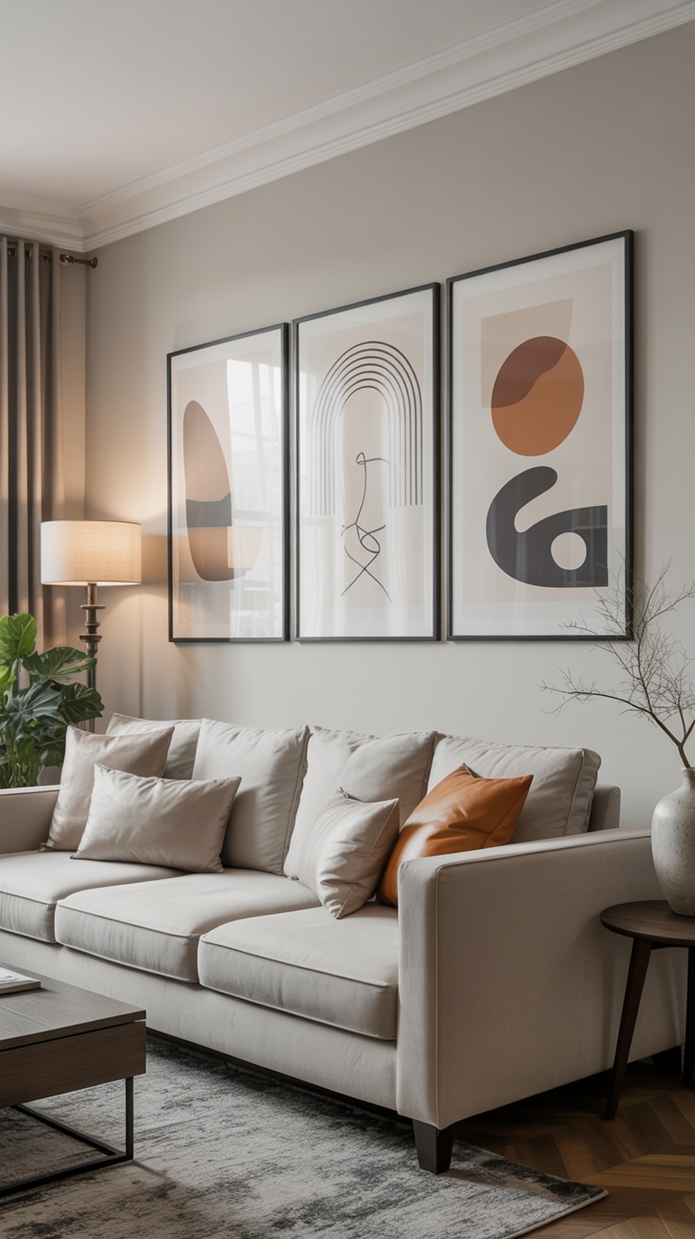 A modern living room featuring a beige couch with decorative pillows, a coffee table, and a wall displaying three abstract art pieces in black and warm colors.