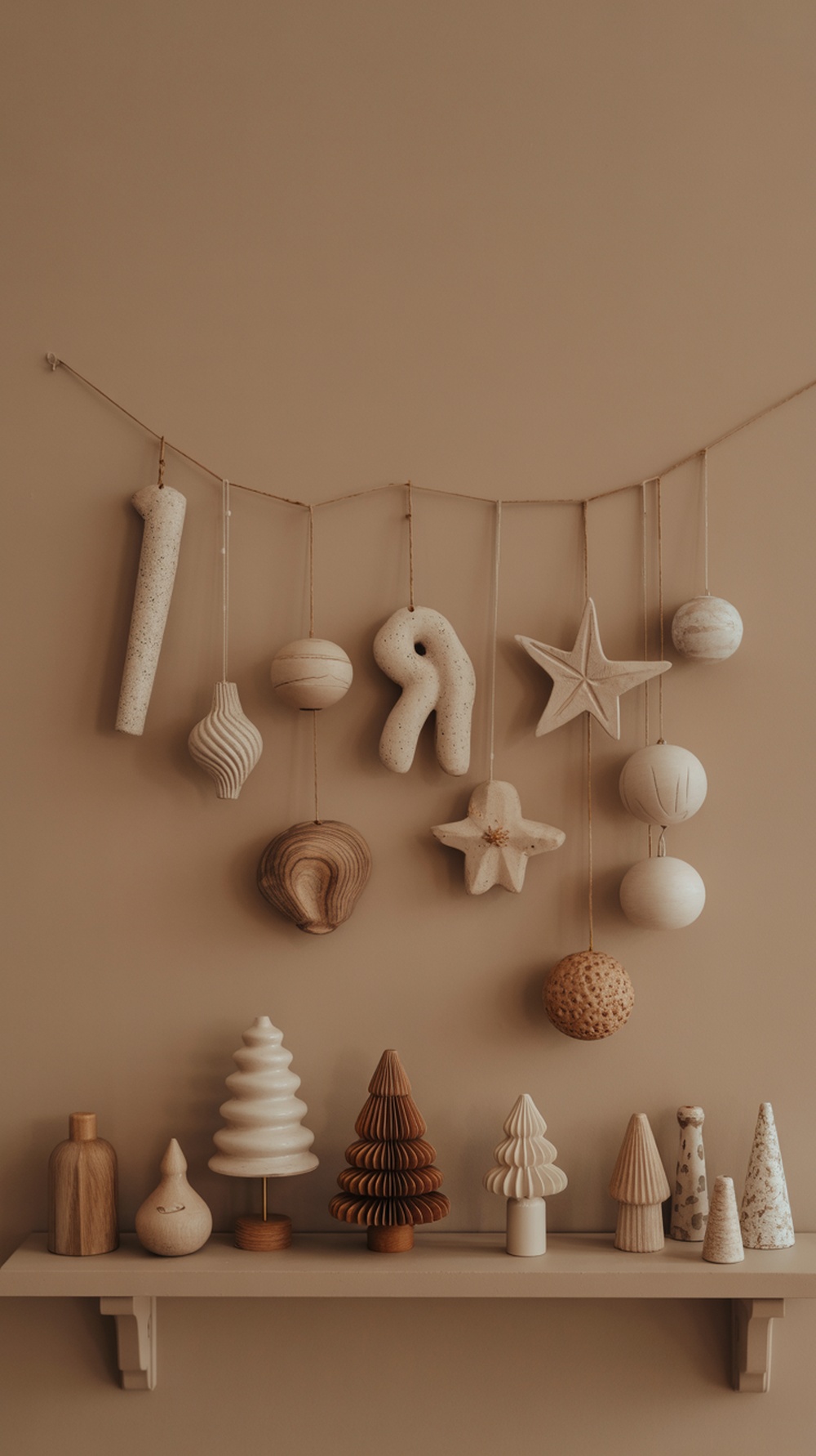 Artisan-made holiday decorations including hanging ornaments and wooden trees on a shelf.