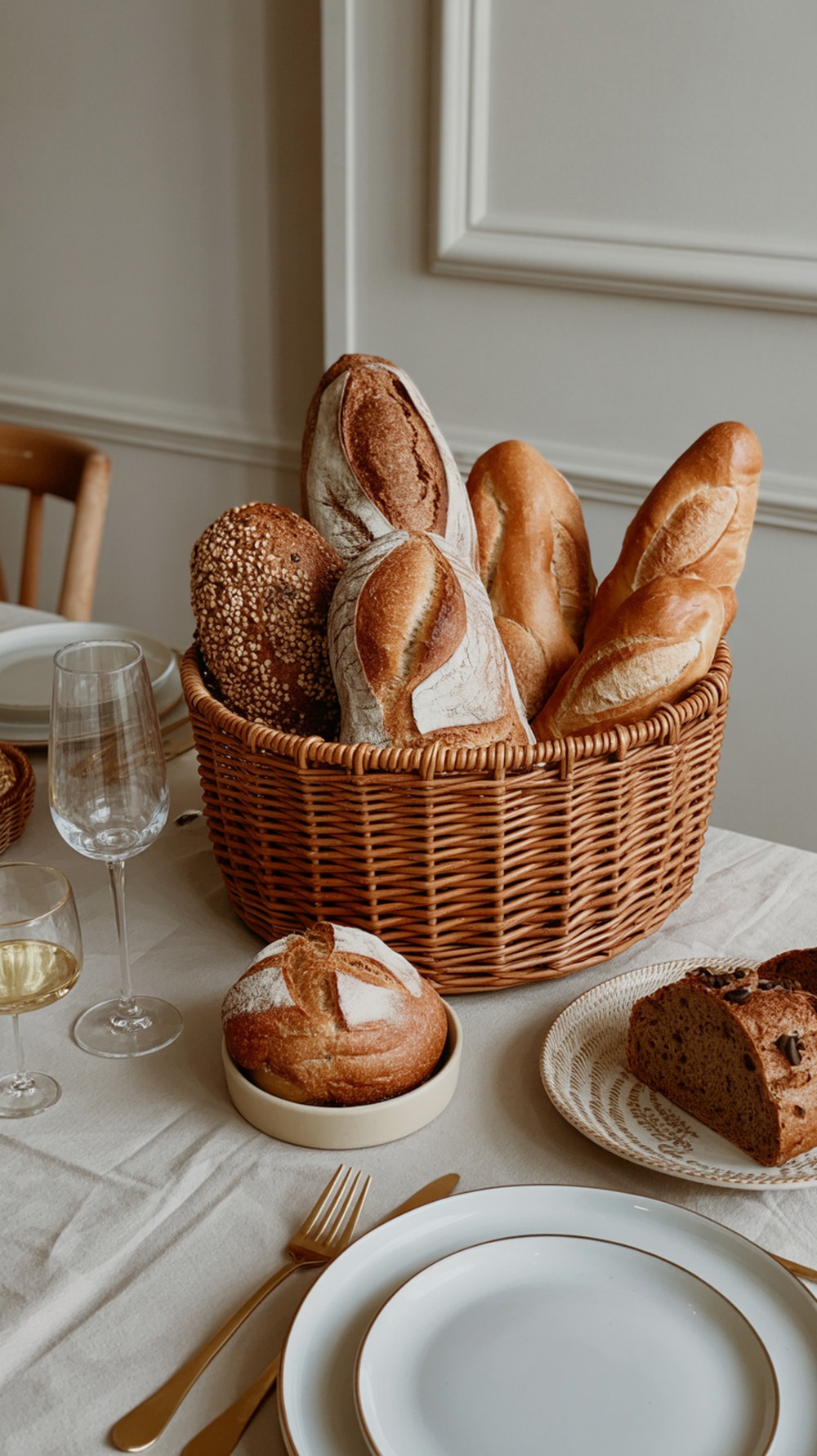 A woven basket filled with various artisan breads on a Thanksgiving table, surrounded by elegant glassware and plates.