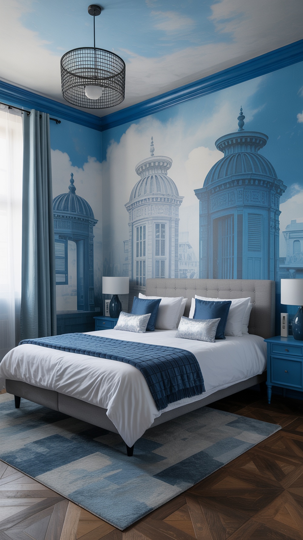 A blue-themed bedroom featuring artistic murals on the walls, showcasing architectural designs.