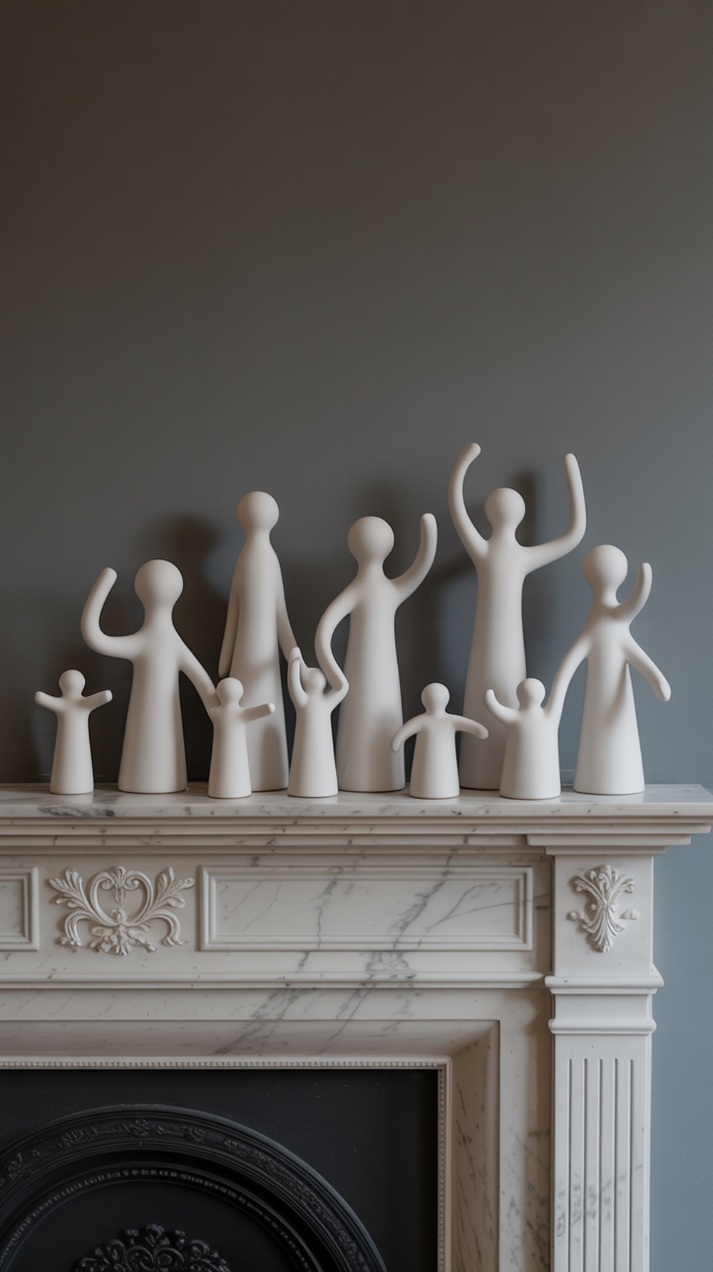 A collection of minimalist figures displayed on a fireplace mantel, showcasing a simple and elegant holiday decor style.