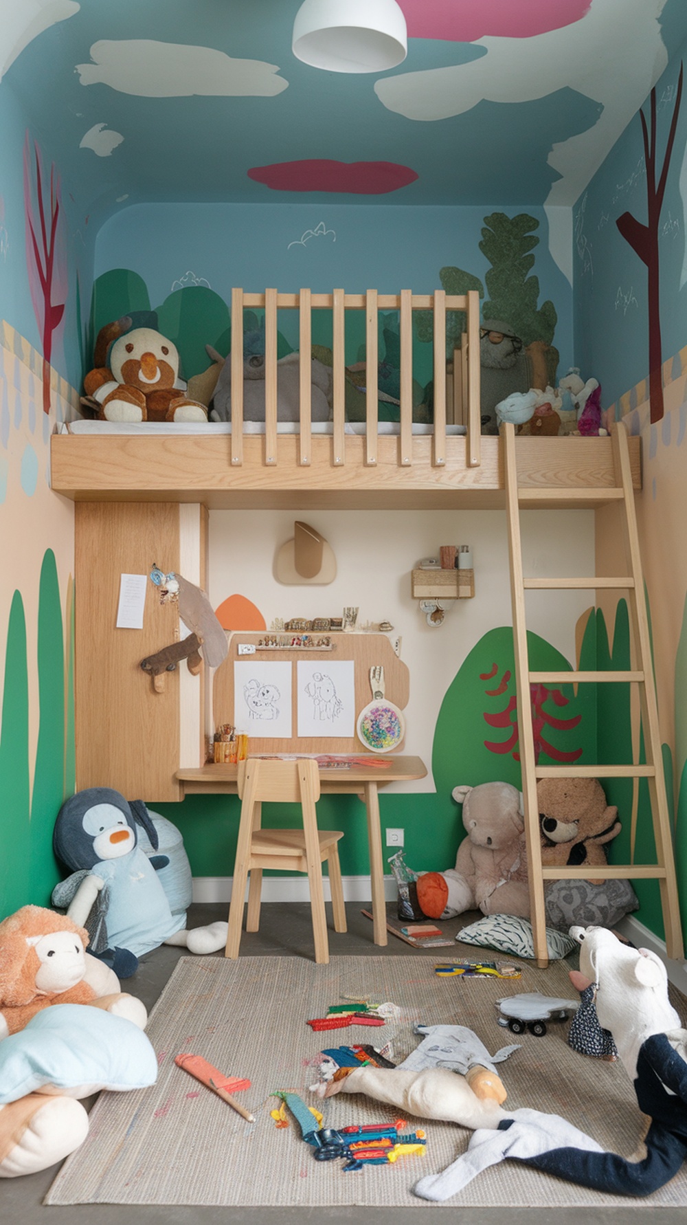 A colorful kids' bedroom featuring a lofted bed, a small desk for art, and plush toys scattered around.
