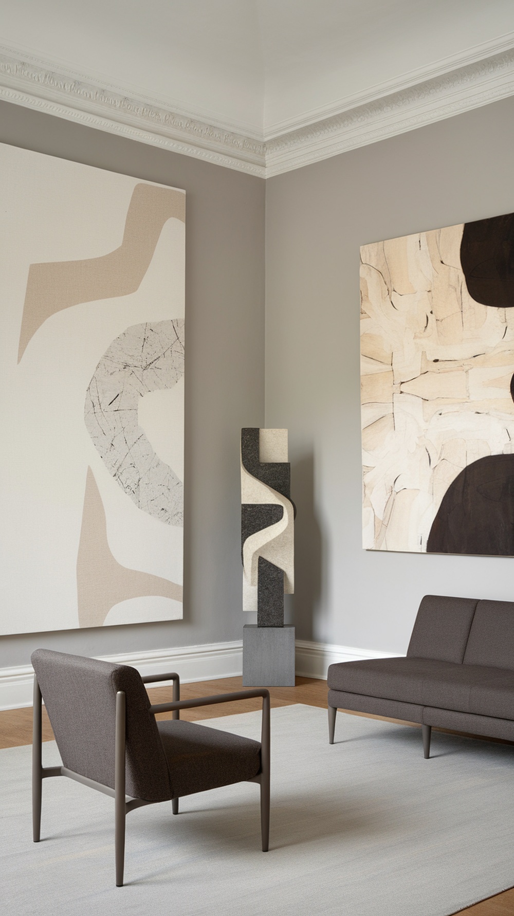 A modern living room with abstract art on the walls and minimalist furniture.